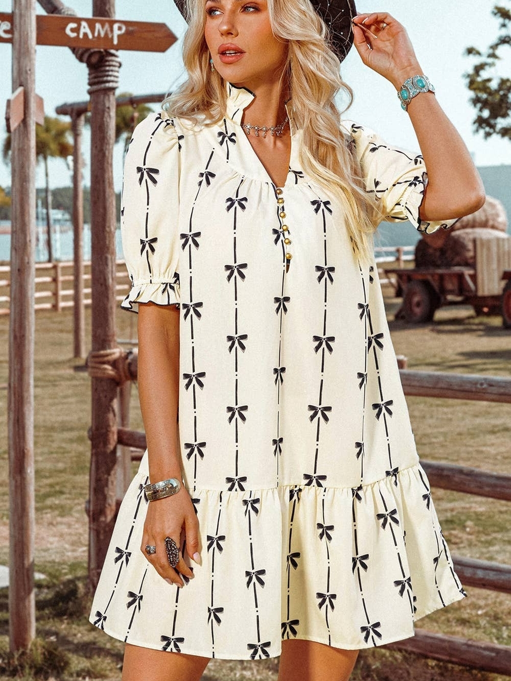 Women's Coquette Bow-Print Babydoll Dress